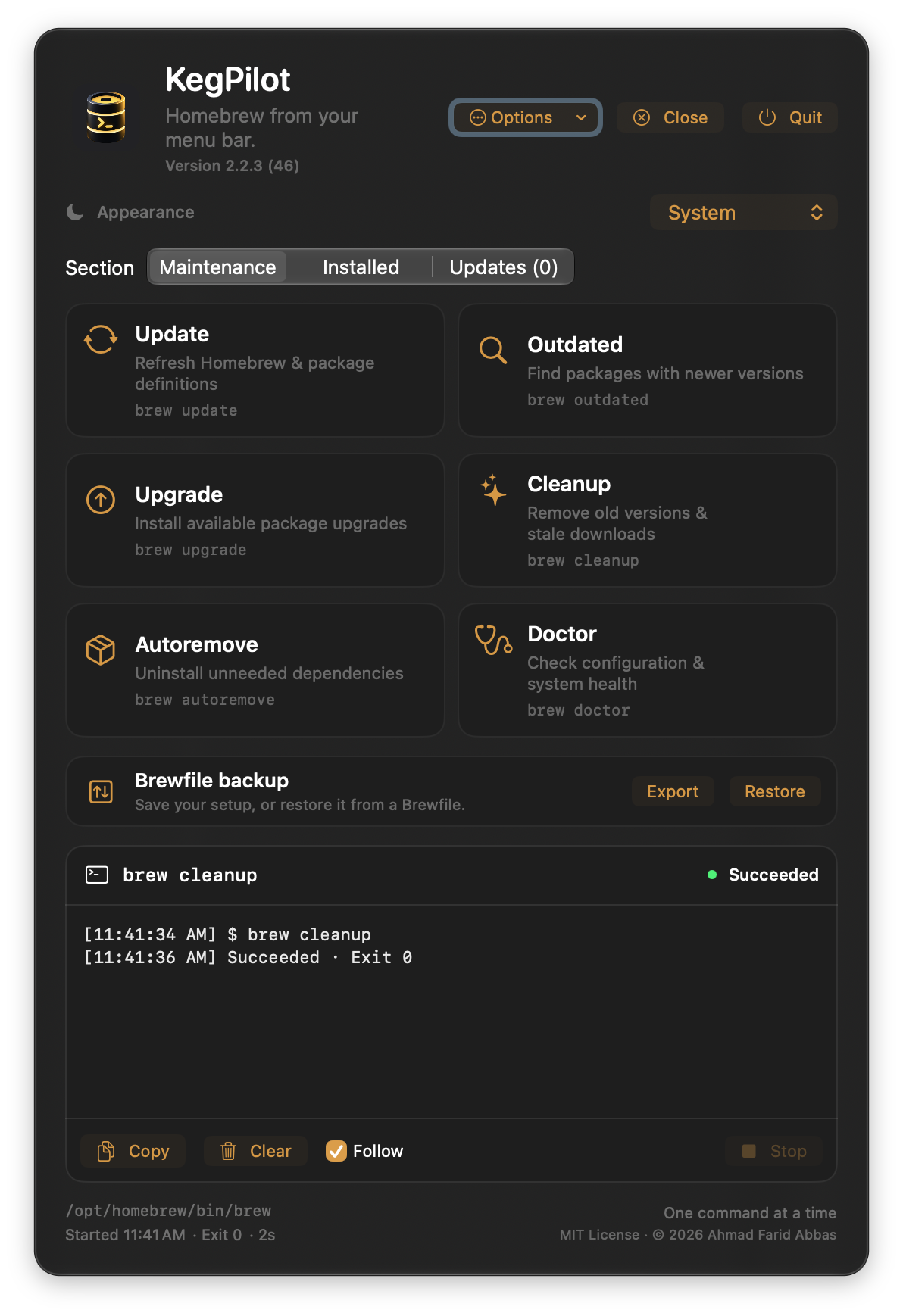 KegPilot dashboard in dark mode showing the maintenance actions grid and command console